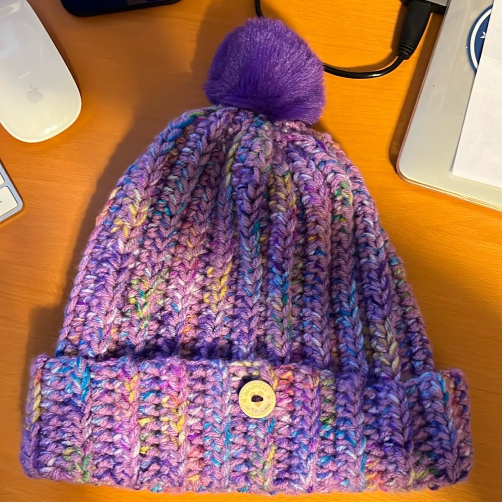 Handmade knitted Hat very cute Purple with a Pom Pom on Top